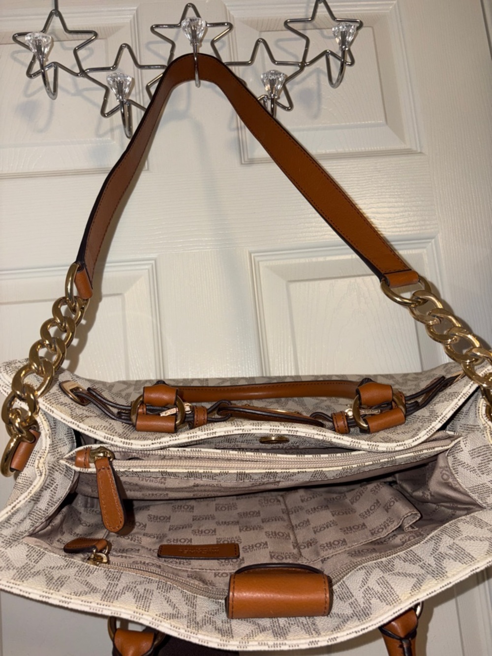 Michael Kors Vanilla MK Logo Shoulder Tote with Brown Trim - Picture 5 of 5
